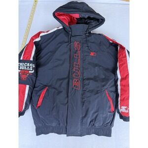 Vintage 90s Chicago Bulls NBA Starter Full Zip Hooded Puffer Jacket Size L